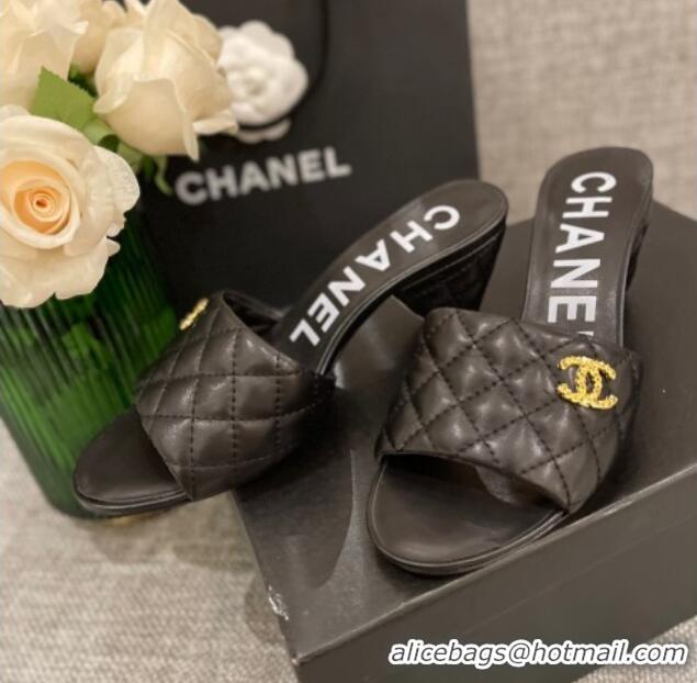 Comfortable Chanel Quilted Lambskin Heel Slide Sandals 6cm G38820 Black