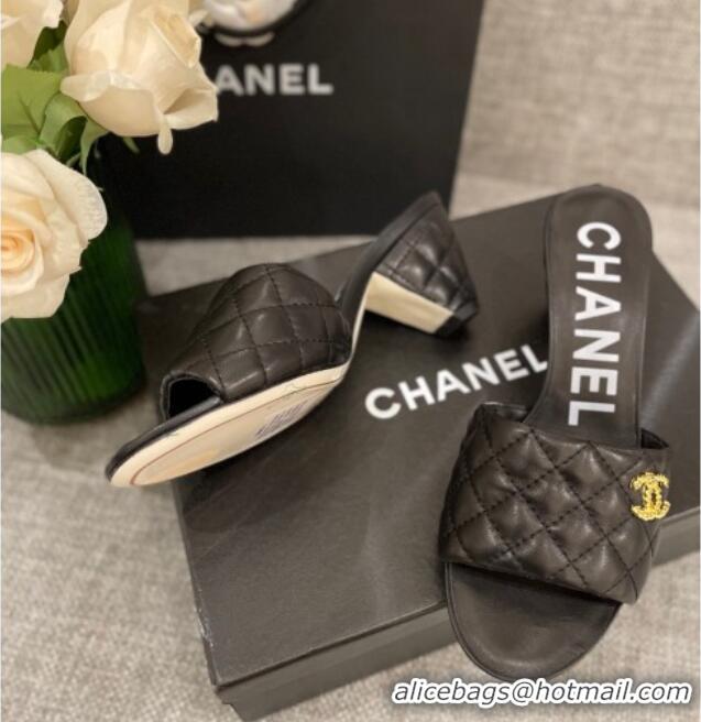 Comfortable Chanel Quilted Lambskin Heel Slide Sandals 6cm G38820 Black