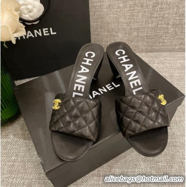 Comfortable Chanel Quilted Lambskin Heel Slide Sandals 6cm G38820 Black