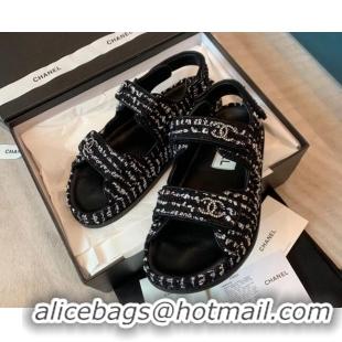 Classic Specials Chanel Tweed Fringe Strap Flat Sandals Black/White 041246