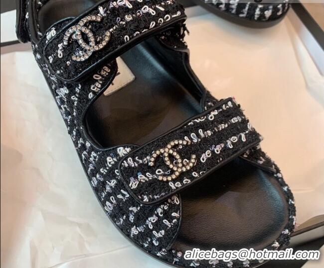 Classic Specials Chanel Tweed Fringe Strap Flat Sandals Black/White 041246