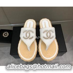 Good Quality Chanel Towel Flat Thong Slide Sandals White 041265