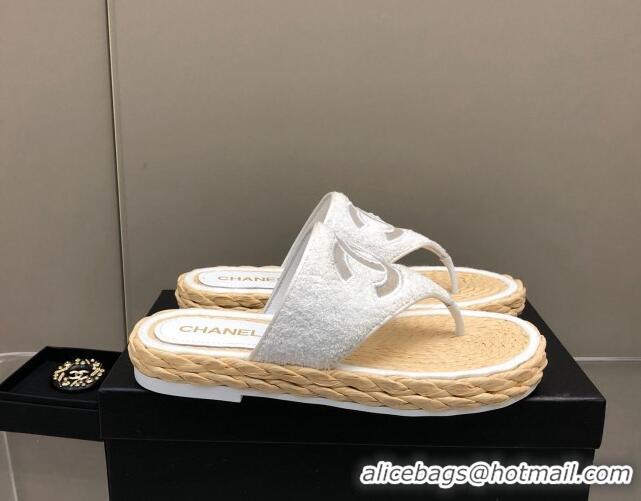 Good Quality Chanel Towel Flat Thong Slide Sandals White 041265