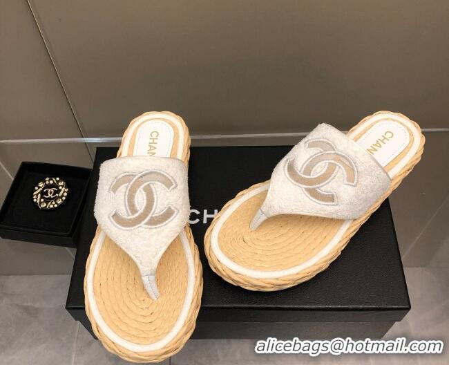 Good Quality Chanel Towel Flat Thong Slide Sandals White 041265