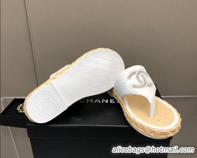 Good Quality Chanel Towel Flat Thong Slide Sandals White 041265