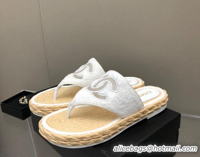 Good Quality Chanel Towel Flat Thong Slide Sandals White 041265