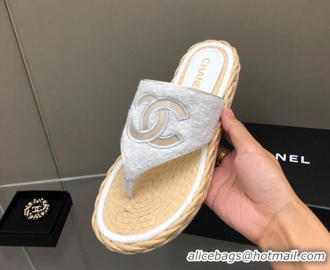 Good Quality Chanel Towel Flat Thong Slide Sandals White 041265