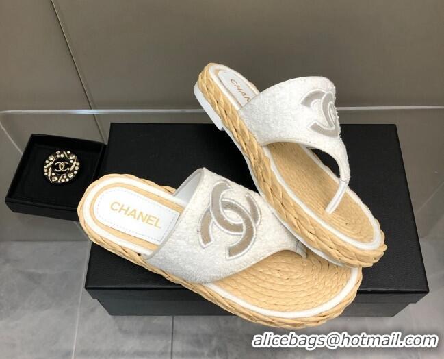 Good Quality Chanel Towel Flat Thong Slide Sandals White 041265