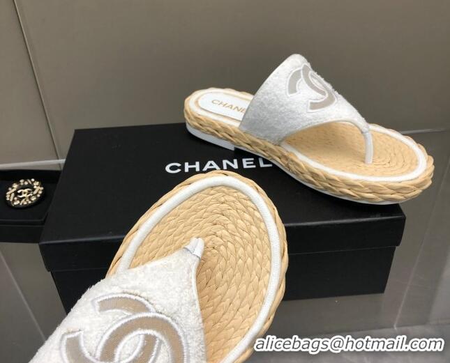 Good Quality Chanel Towel Flat Thong Slide Sandals White 041265