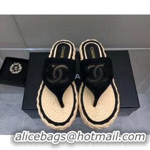 Discount Chanel Towel Flat Thong Slide Sandals Black 041267