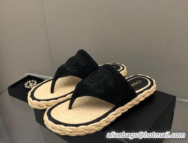 Discount Chanel Towel Flat Thong Slide Sandals Black 041267