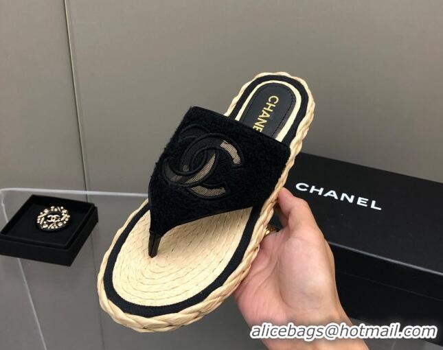 Discount Chanel Towel Flat Thong Slide Sandals Black 041267