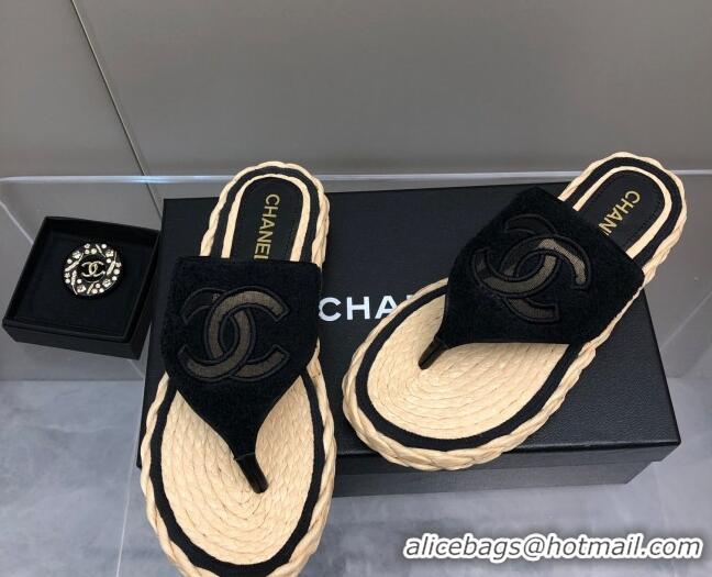 Discount Chanel Towel Flat Thong Slide Sandals Black 041267