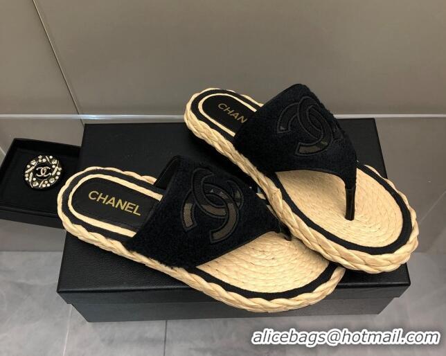 Discount Chanel Towel Flat Thong Slide Sandals Black 041267