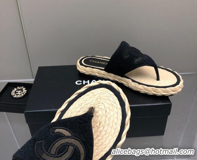 Discount Chanel Towel Flat Thong Slide Sandals Black 041267