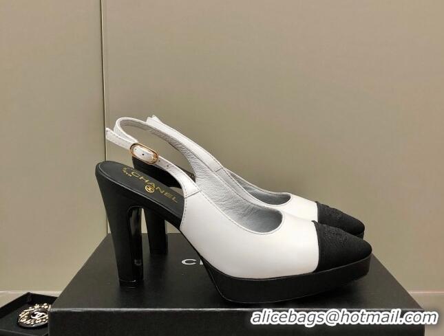 Best Product Chanel Lambskin Platform Slingback Pumps 9cm White 041268