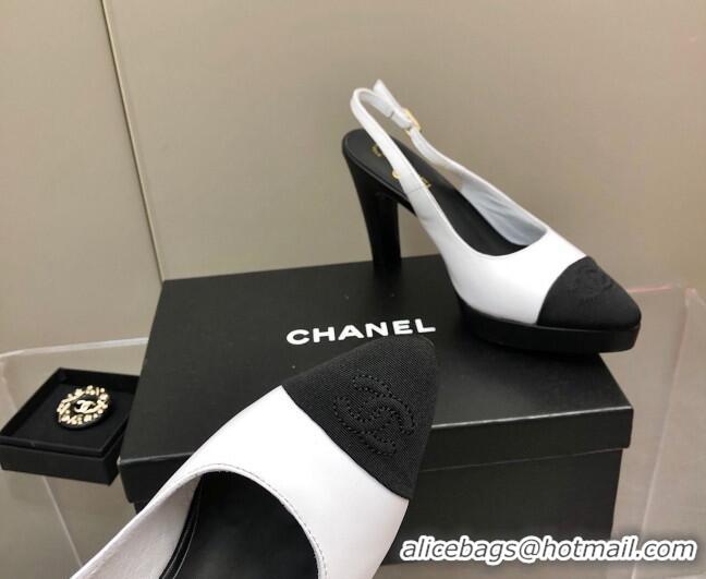 Best Product Chanel Lambskin Platform Slingback Pumps 9cm White 041268