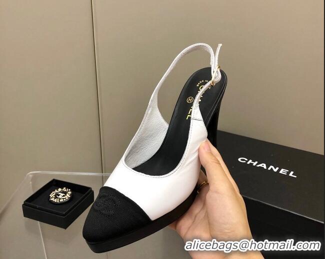 Best Product Chanel Lambskin Platform Slingback Pumps 9cm White 041268