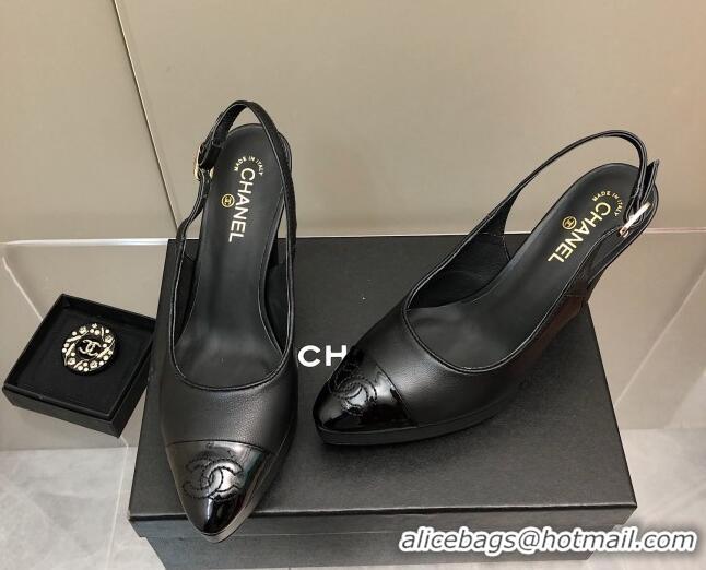 Classic Chanel Lambskin Platform Slingback Pumps 9cm Black 041269