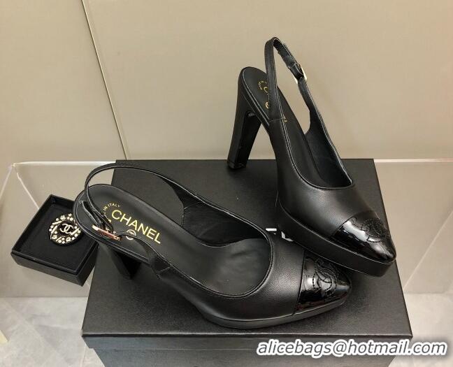 Classic Chanel Lambskin Platform Slingback Pumps 9cm Black 041269