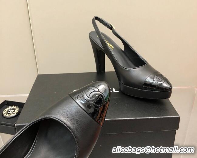 Classic Chanel Lambskin Platform Slingback Pumps 9cm Black 041269