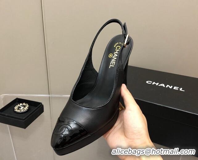 Classic Chanel Lambskin Platform Slingback Pumps 9cm Black 041269