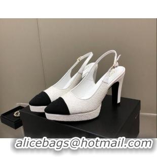 Best Grade Chanel Sequins Platform Slingback Pumps 9cm White 041270