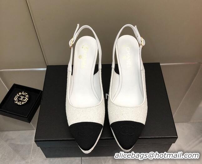 Best Grade Chanel Sequins Platform Slingback Pumps 9cm White 041270