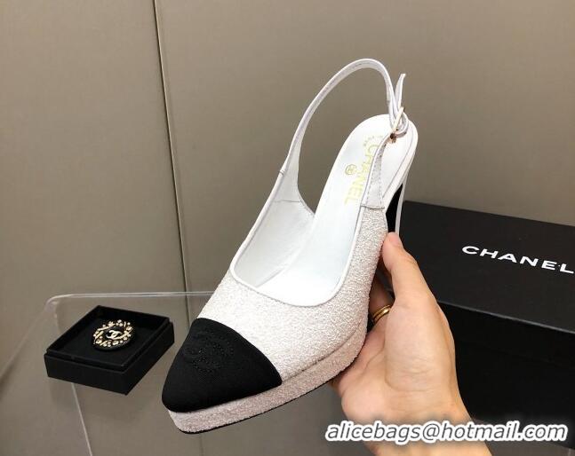 Best Grade Chanel Sequins Platform Slingback Pumps 9cm White 041270