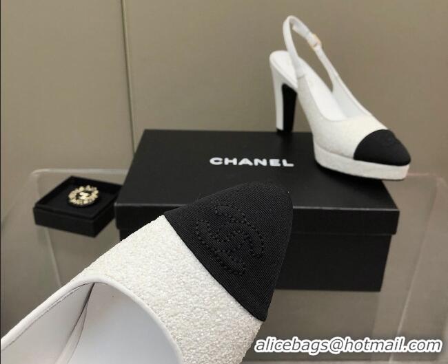 Best Grade Chanel Sequins Platform Slingback Pumps 9cm White 041270