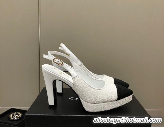 Best Grade Chanel Sequins Platform Slingback Pumps 9cm White 041270