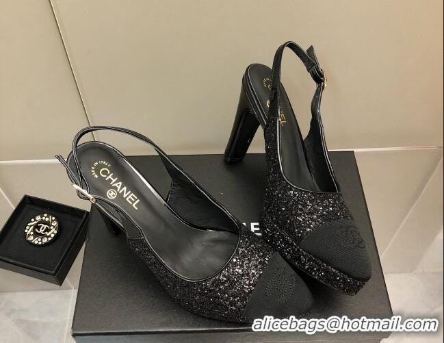 Good Quality Chanel Sequins Platform Slingback Pumps 9cm Black 041271