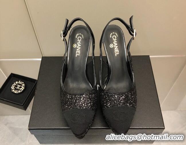 Good Quality Chanel Sequins Platform Slingback Pumps 9cm Black 041271