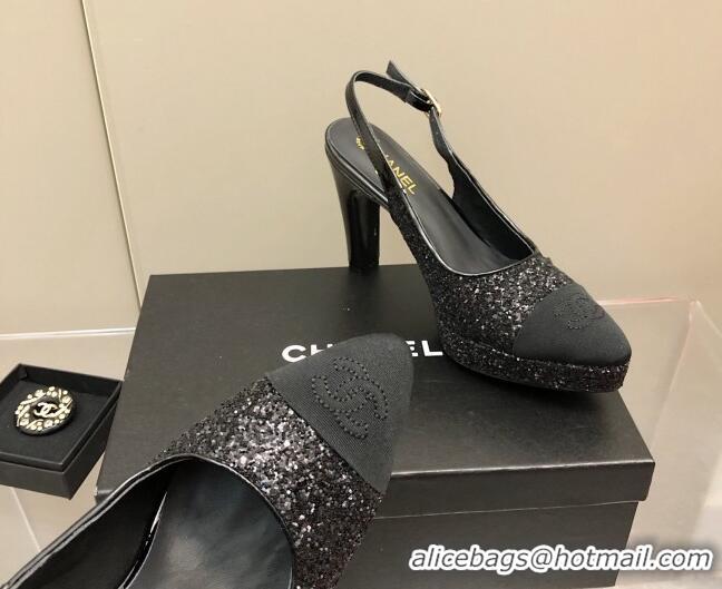 Good Quality Chanel Sequins Platform Slingback Pumps 9cm Black 041271