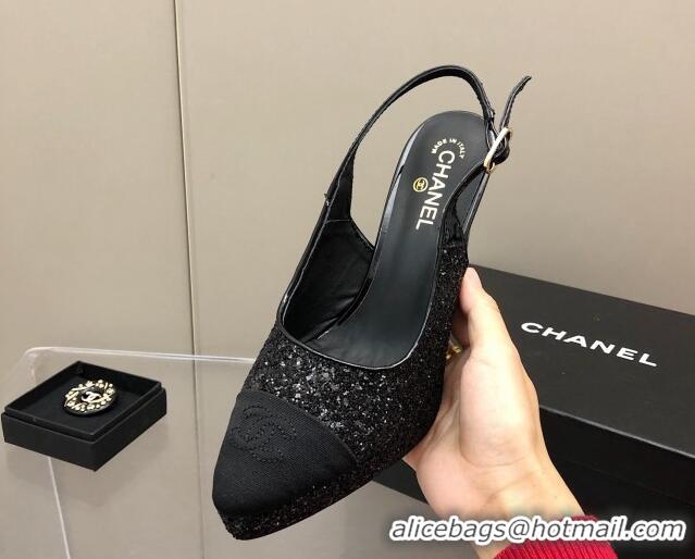 Good Quality Chanel Sequins Platform Slingback Pumps 9cm Black 041271