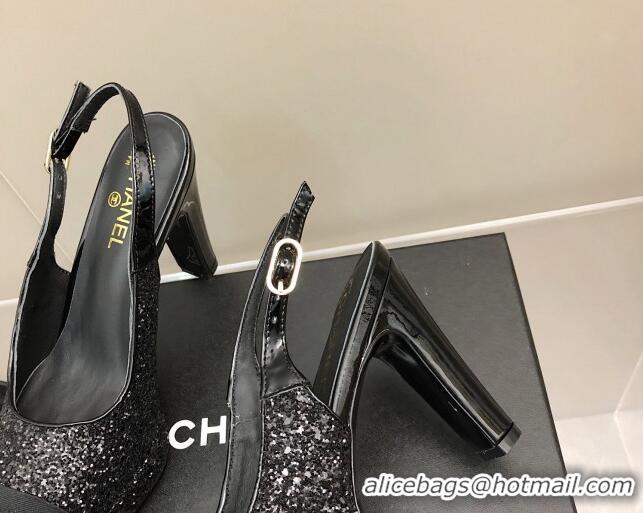 Good Quality Chanel Sequins Platform Slingback Pumps 9cm Black 041271