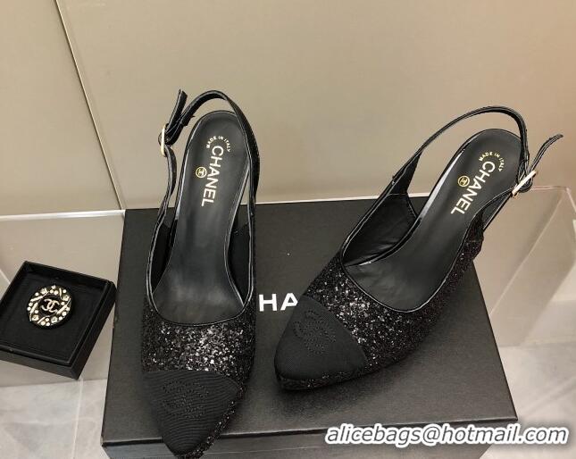 Good Quality Chanel Sequins Platform Slingback Pumps 9cm Black 041271