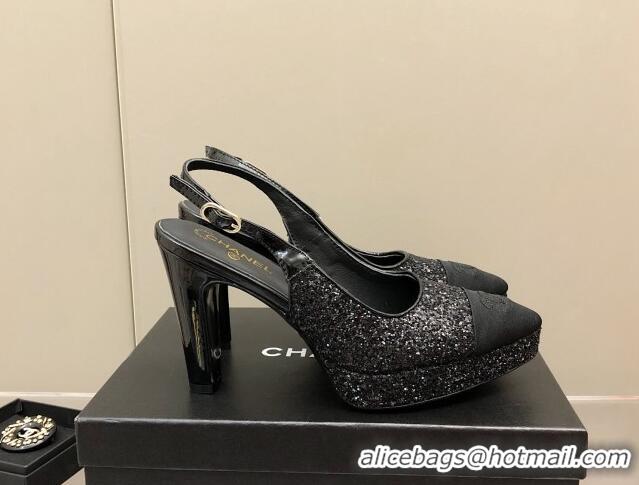 Good Quality Chanel Sequins Platform Slingback Pumps 9cm Black 041271