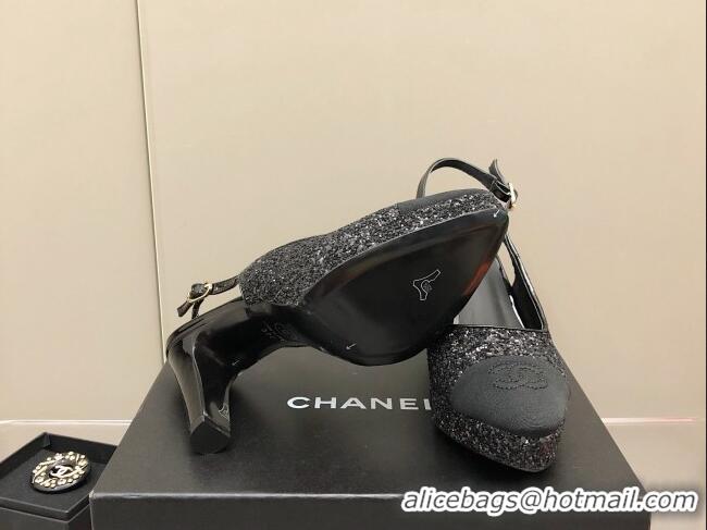 Good Quality Chanel Sequins Platform Slingback Pumps 9cm Black 041271