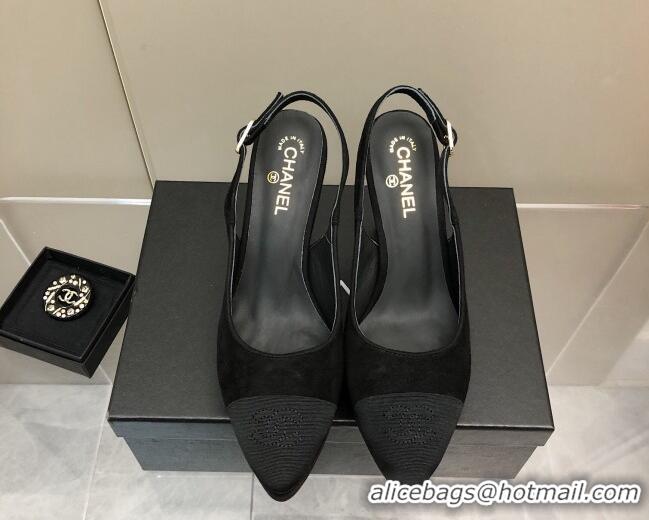 Top Grade Chanel Suede Platform Slingback Pumps 9cm Black 041272