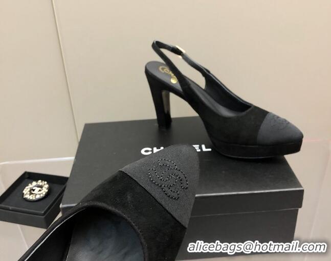 Top Grade Chanel Suede Platform Slingback Pumps 9cm Black 041272