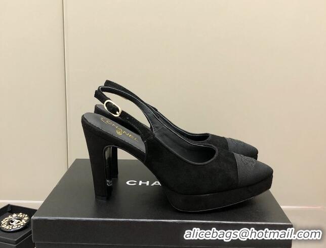 Top Grade Chanel Suede Platform Slingback Pumps 9cm Black 041272