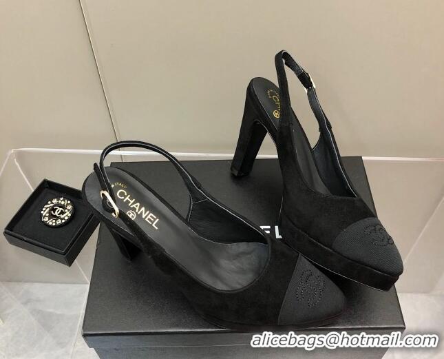 Top Grade Chanel Suede Platform Slingback Pumps 9cm Black 041272