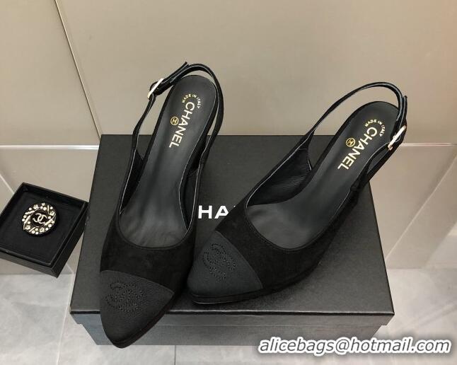 Top Grade Chanel Suede Platform Slingback Pumps 9cm Black 041272