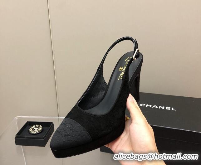 Top Grade Chanel Suede Platform Slingback Pumps 9cm Black 041272