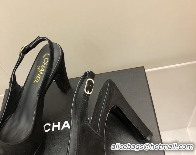 Top Grade Chanel Suede Platform Slingback Pumps 9cm Black 041272