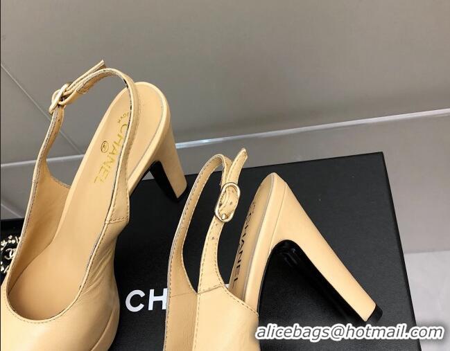 Popular Style Chanel Lambskin Platform Slingback Pumps 9cm Beige 041273