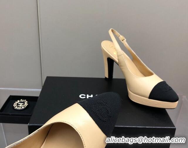 Popular Style Chanel Lambskin Platform Slingback Pumps 9cm Beige 041273