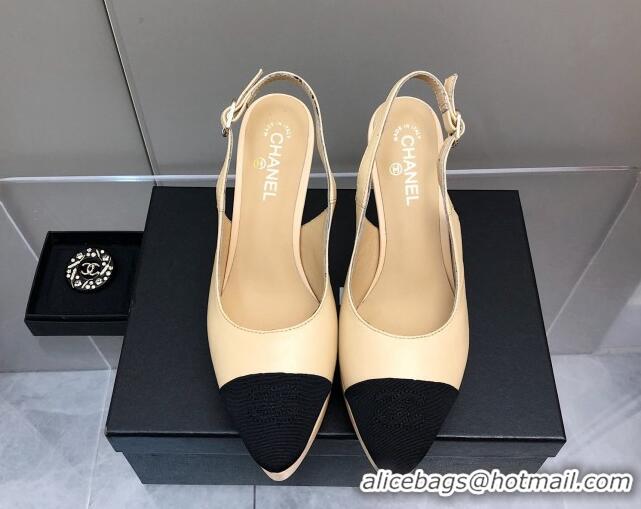 Popular Style Chanel Lambskin Platform Slingback Pumps 9cm Beige 041273