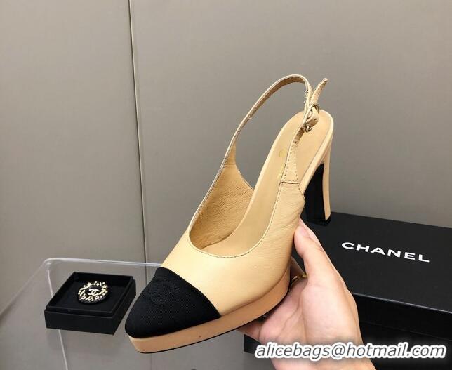 Popular Style Chanel Lambskin Platform Slingback Pumps 9cm Beige 041273